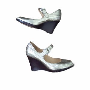 Cole Haan Gold Croc Print Wedge Mary Jane Open Toe